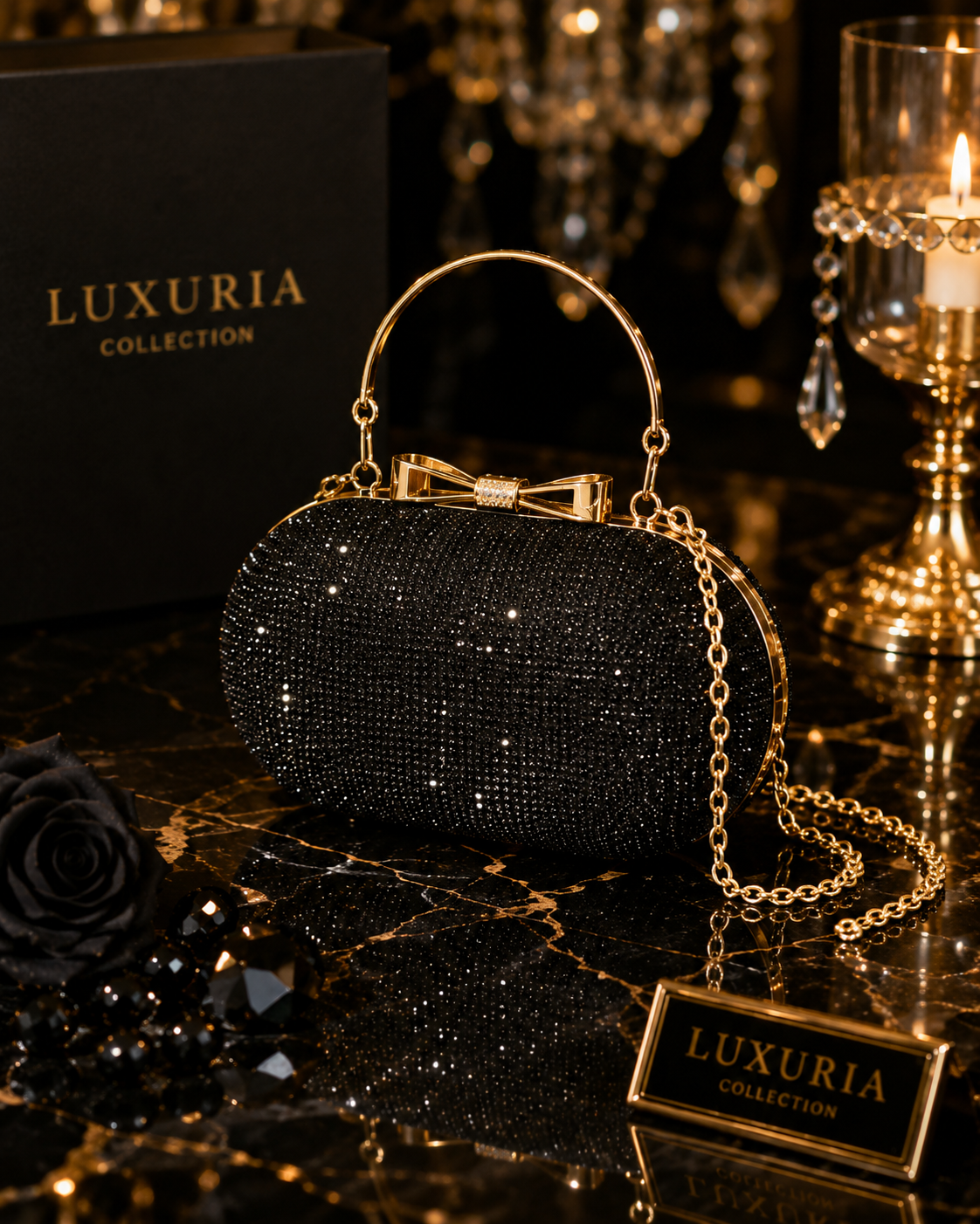 Sac Minaudière Paillettes & Chaîne – Noir, Doré & Argenté