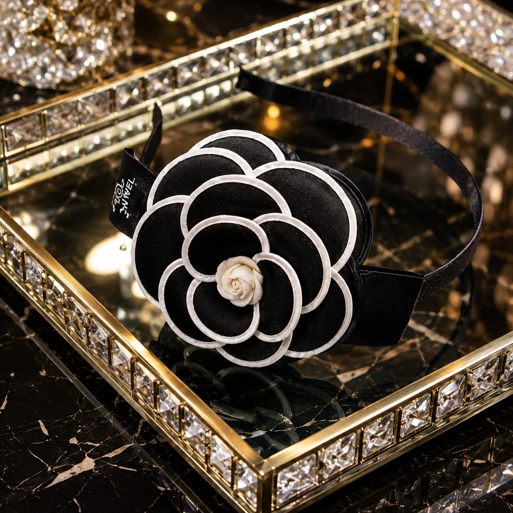 Serre-tête Fleur Camélia – Style Élégant | Noir & Blanc