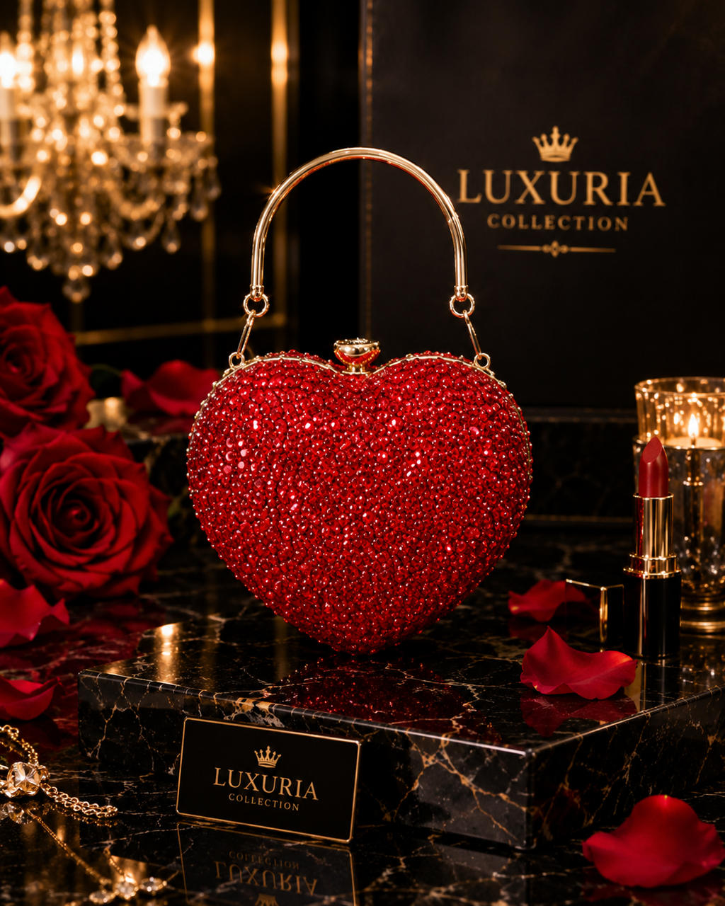 Mini Clutch Cœur Strass & Cristaux – Noir, Bleu, Rouge & Champagne