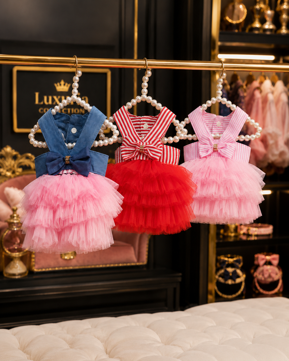Robe Princesse en Tulle pour Chien & Chat – Style Rayé & Uni | Bleu , Rouge & Rose | XS à XXL