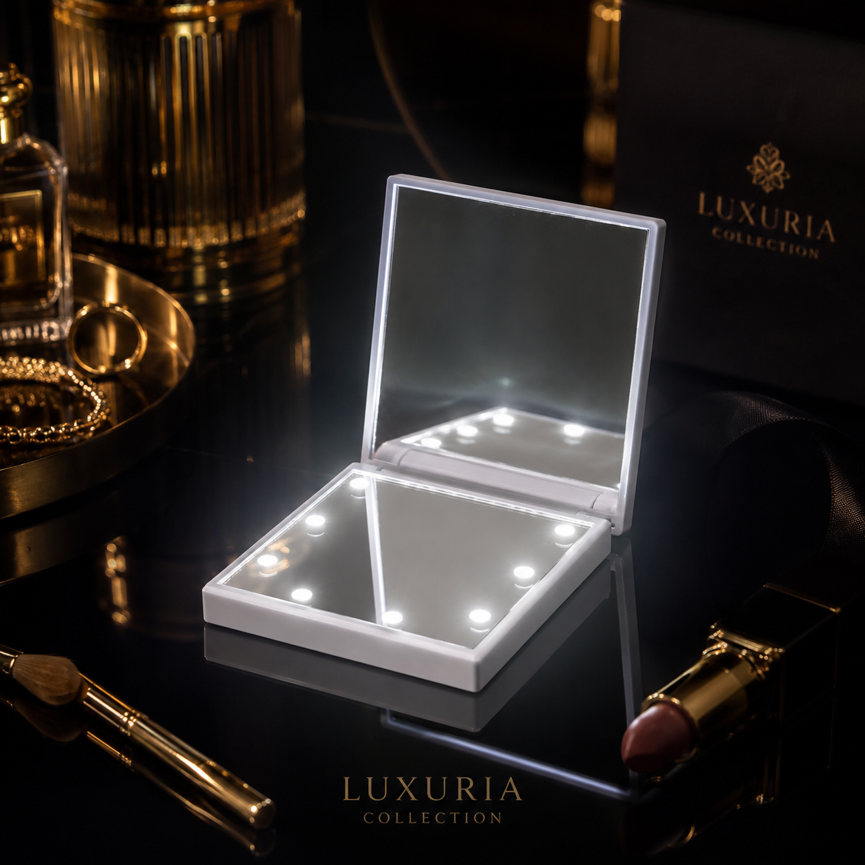 Miroir de Poche LED Pliable — 6 Lumières, 2 Faces, Ultra-Compact 70x70mm, Noir, Rose & Blanc