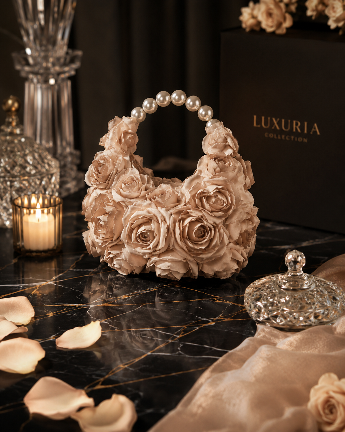 Sac Demi-Lune Floral & Perles – Rose, Champagne, Blanc & Beige