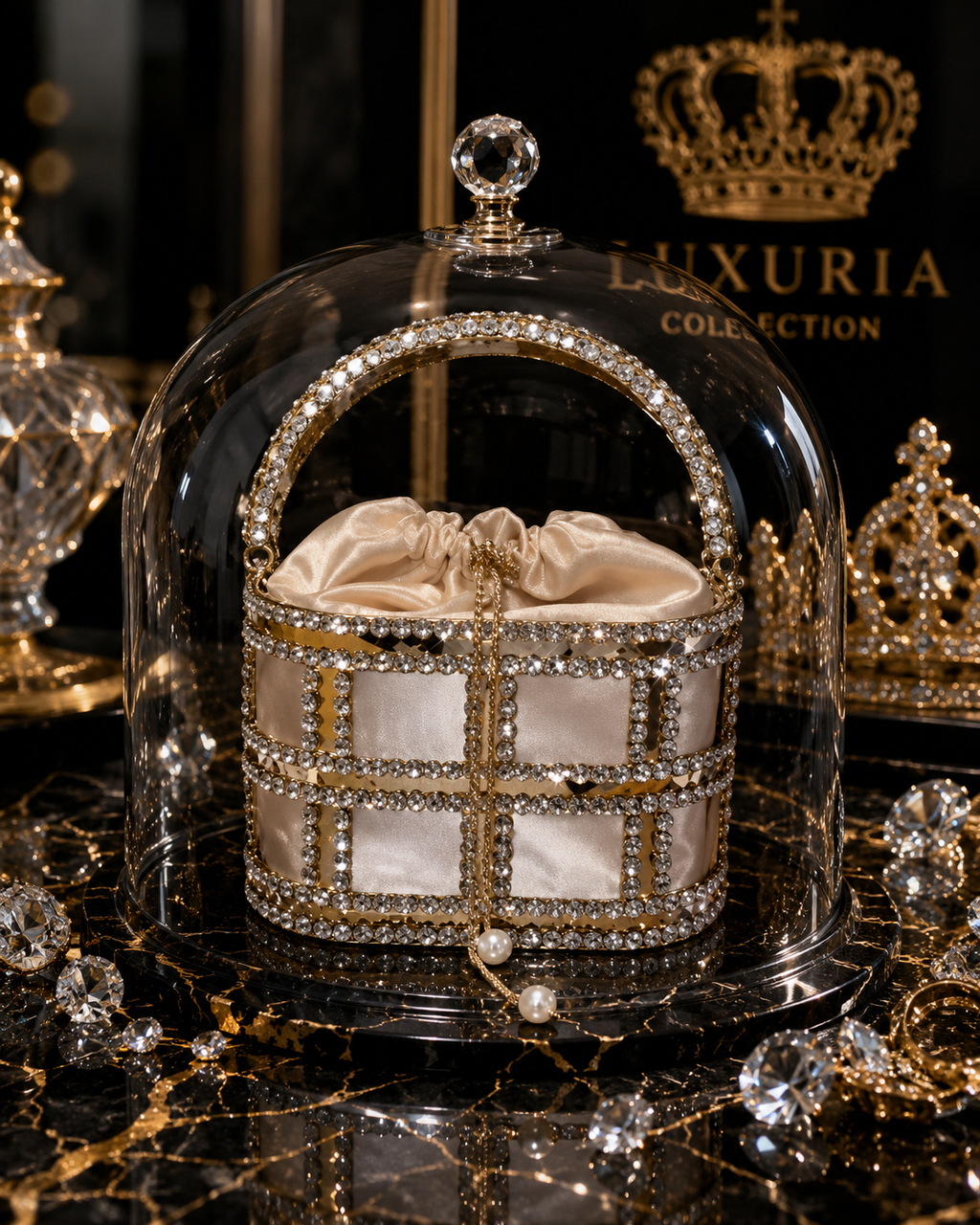Sac Seau Métallique Ajouré Strass & Perles – Champagne, Rose & Noir
