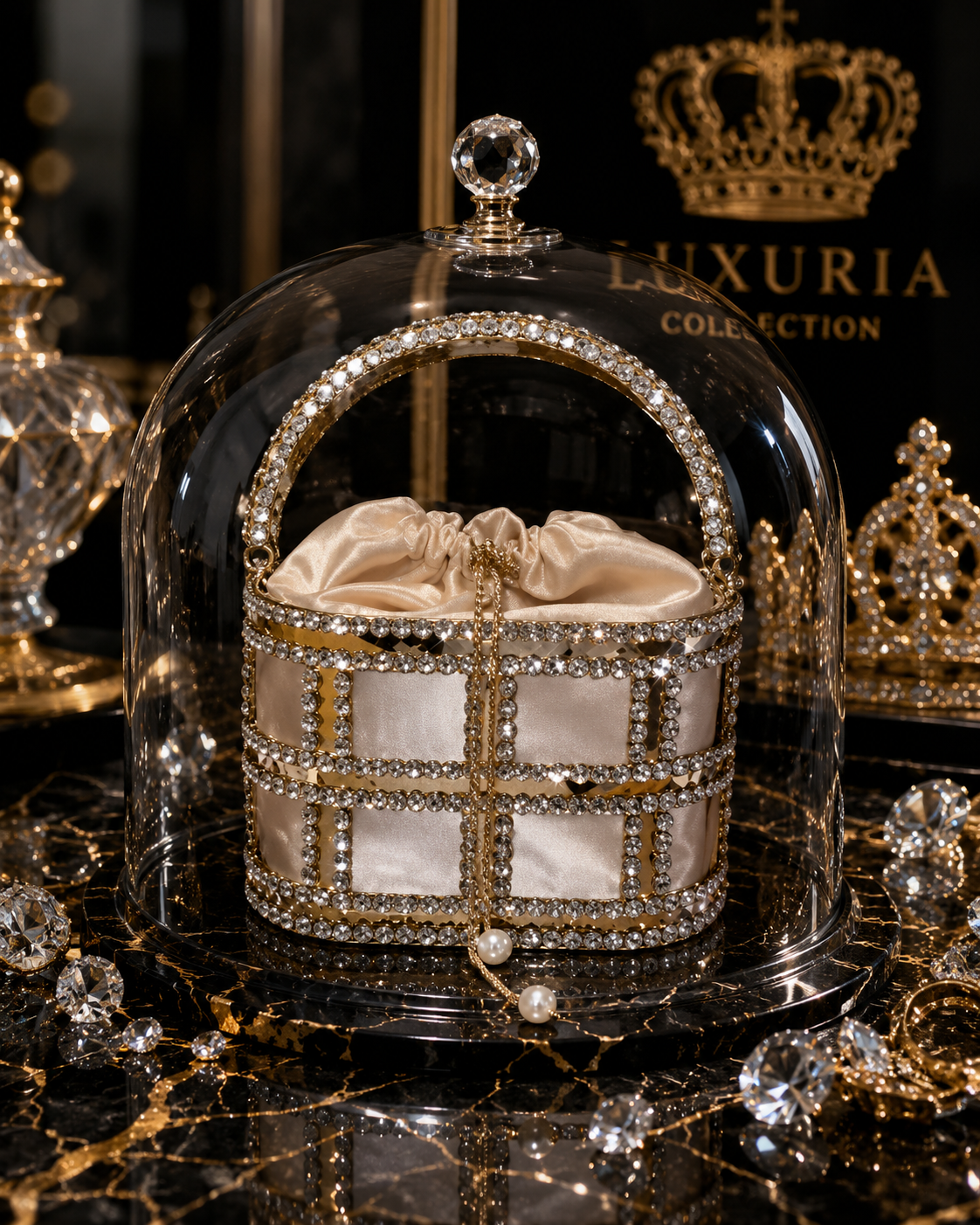 Sac Seau Métallique Ajouré Strass & Perles – Champagne, Rose & Noir