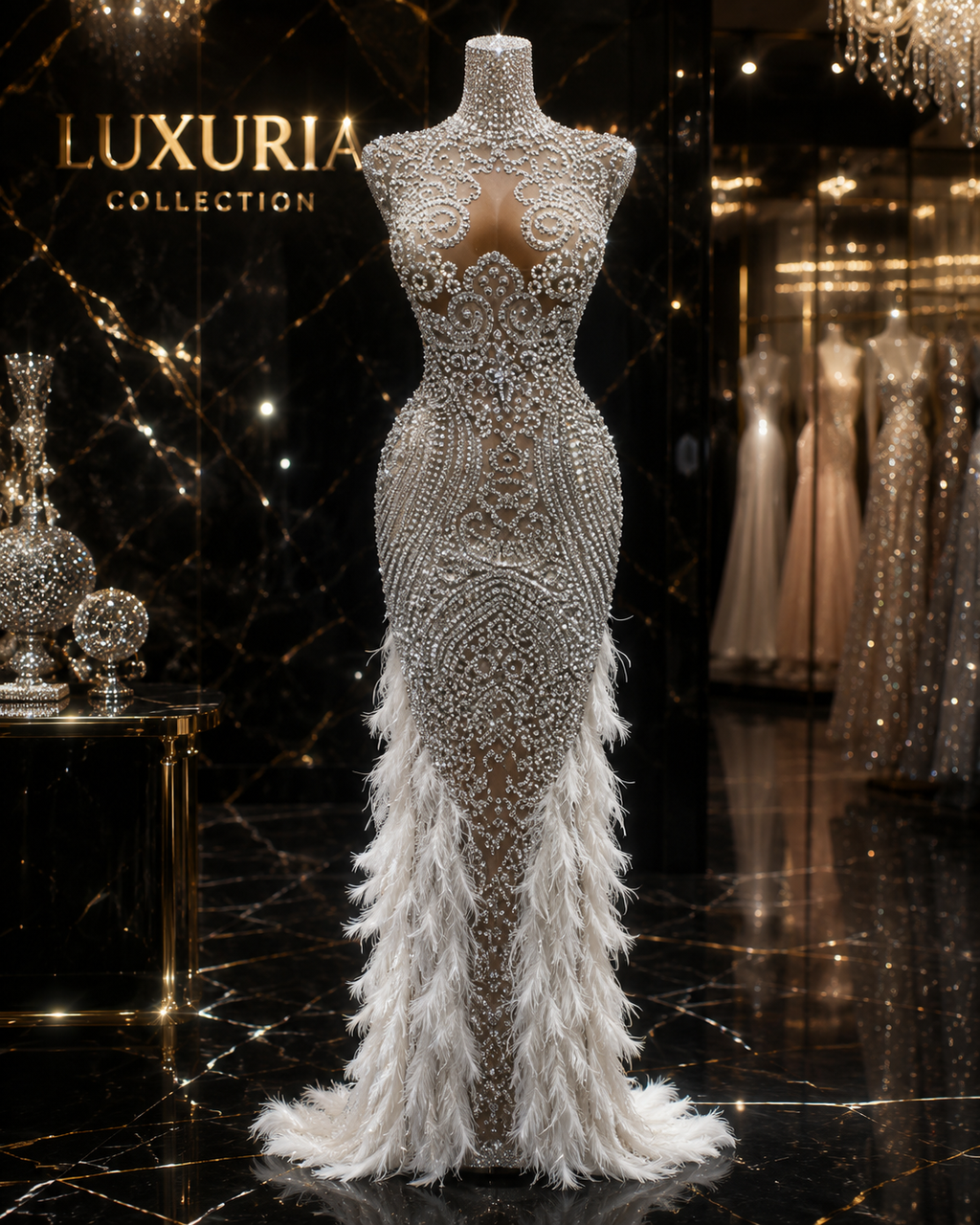 Robe Longue Strass & Plumes — Bodycon Luxe Soirée