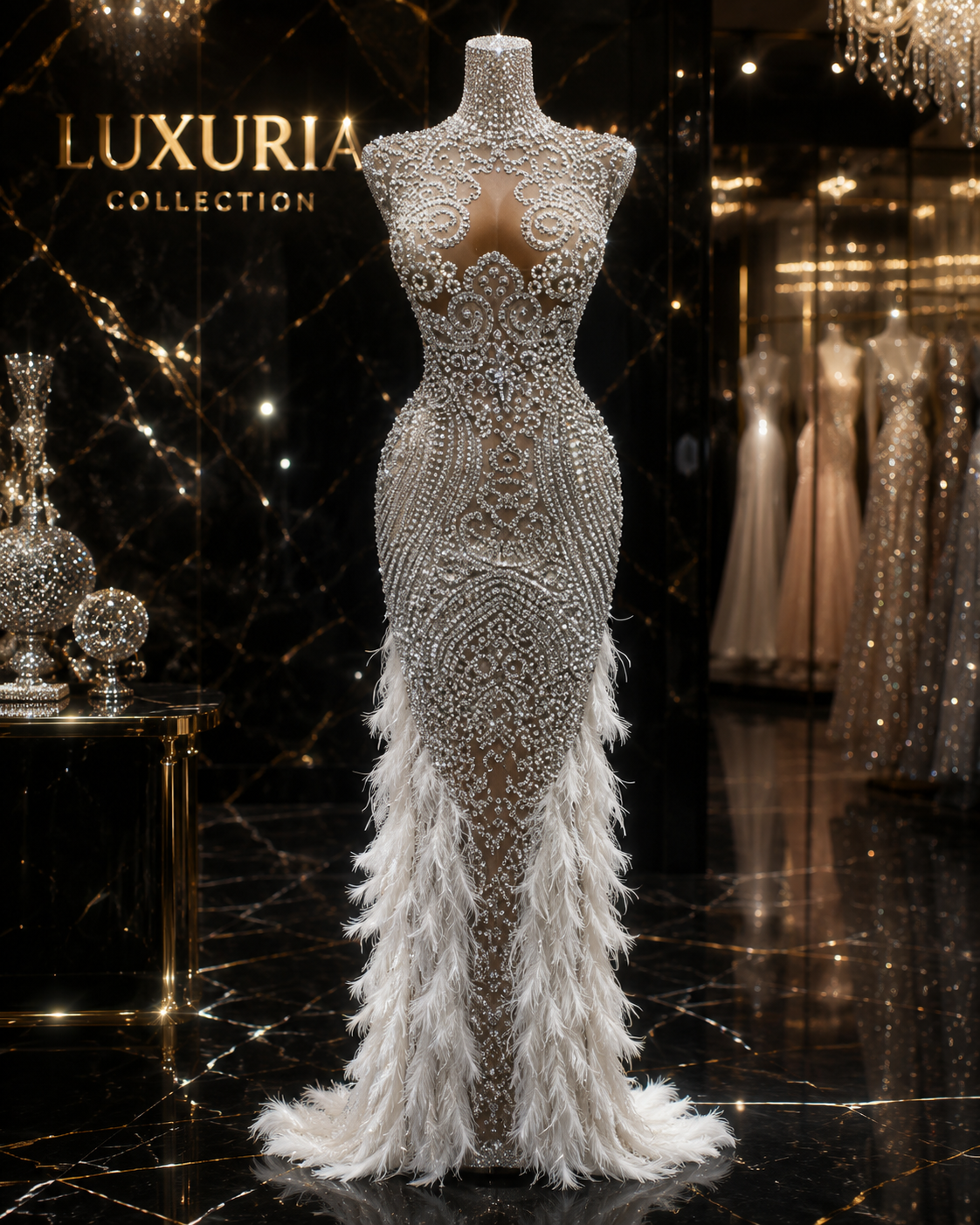 Robe Longue Strass & Plumes — Bodycon Luxe Soirée