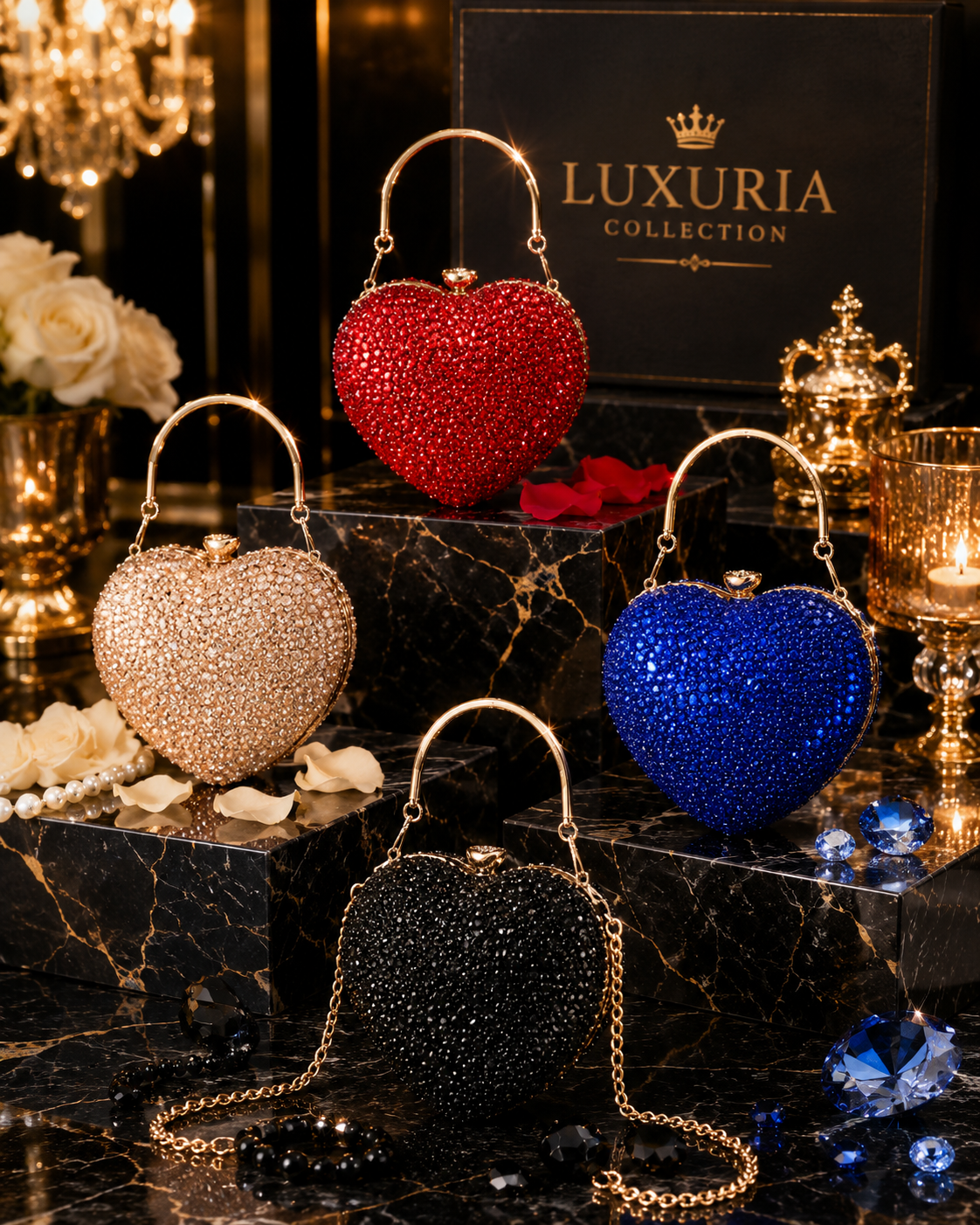 Mini Clutch Cœur Strass & Cristaux – Noir, Bleu, Rouge & Champagne