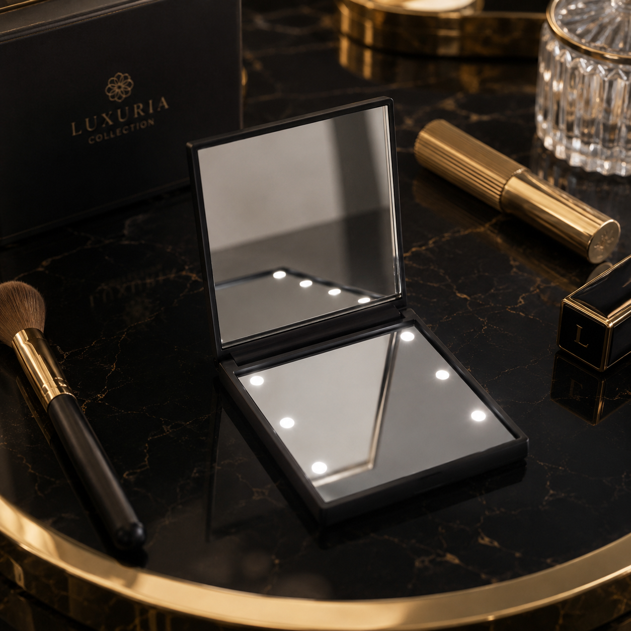Miroir de Poche LED Pliable — 6 Lumières, 2 Faces, Ultra-Compact 70x70mm, Noir, Rose & Blanc