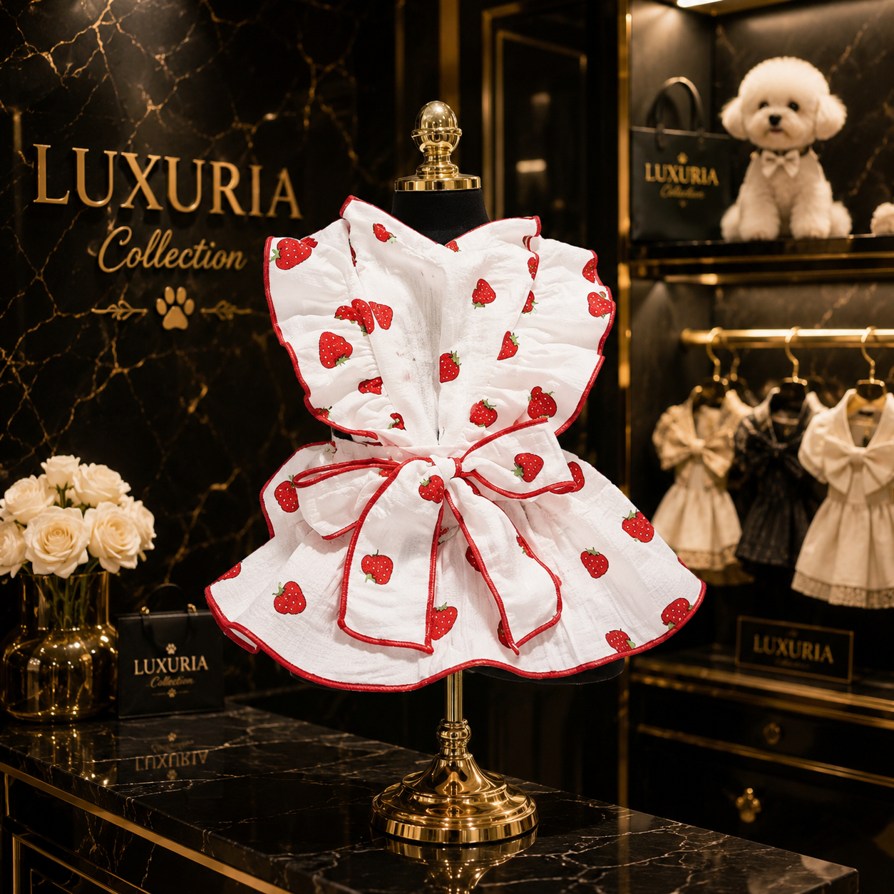 Robe d'Été Motif Fraise pour Chien & Chat – Coton Doux | Rose & Blanc | XS à XL