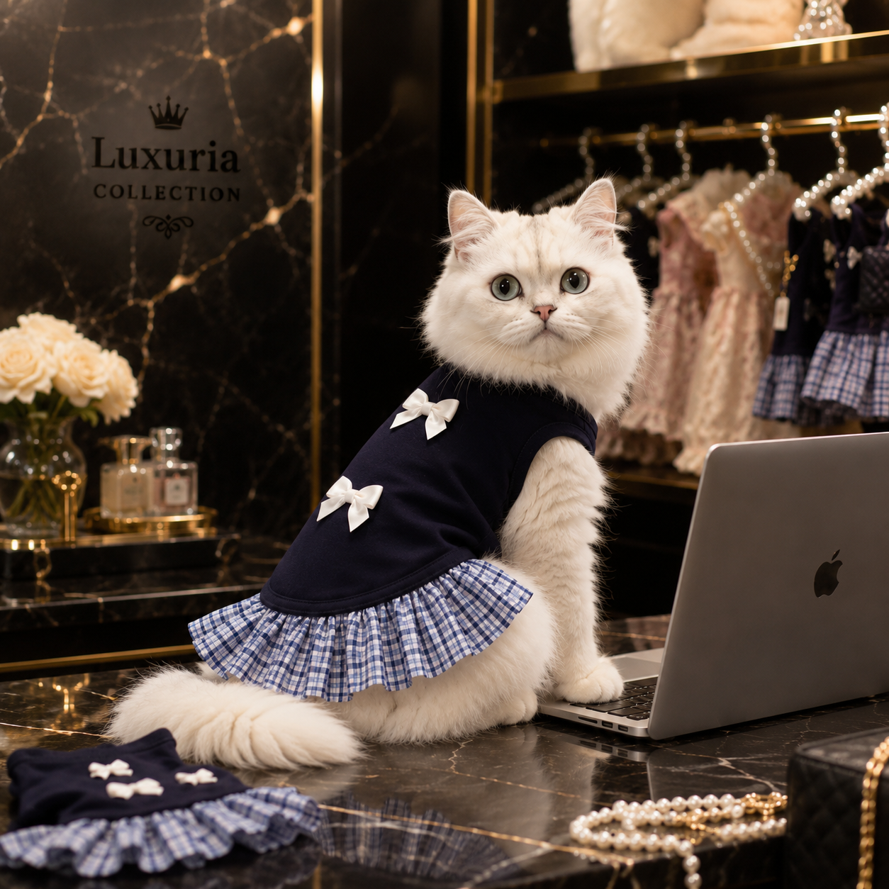 Robe Princesse Luxe pour Chien & Chat – Bleu & Blanc | Nœud & Carreaux | Anniversaire & Mariage
