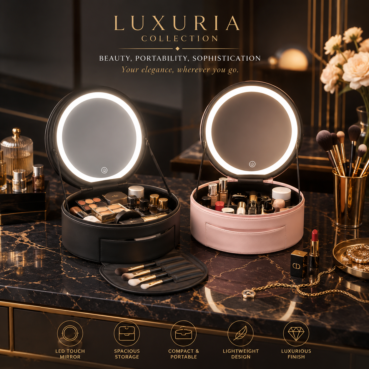 Trousse de Maquillage LED USB — Cuir PU, 3 Modes d'Éclairage, Pliable & Compacte, Rose & Noir