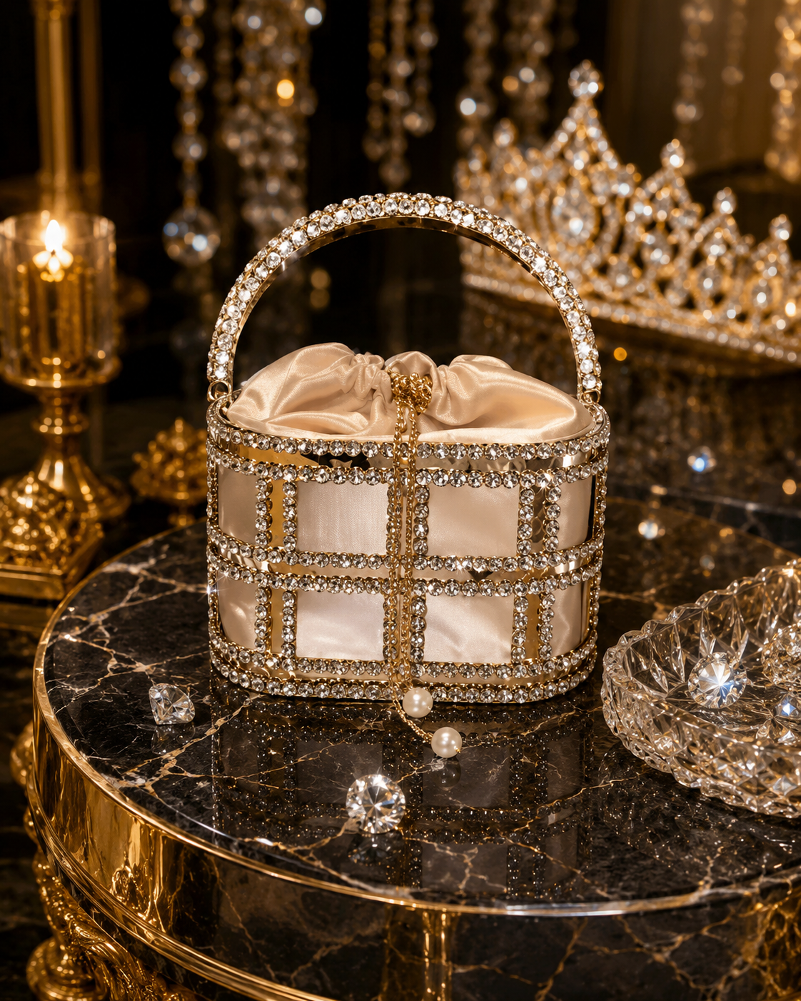 Sac Seau Métallique Ajouré Strass & Perles – Champagne, Rose & Noir