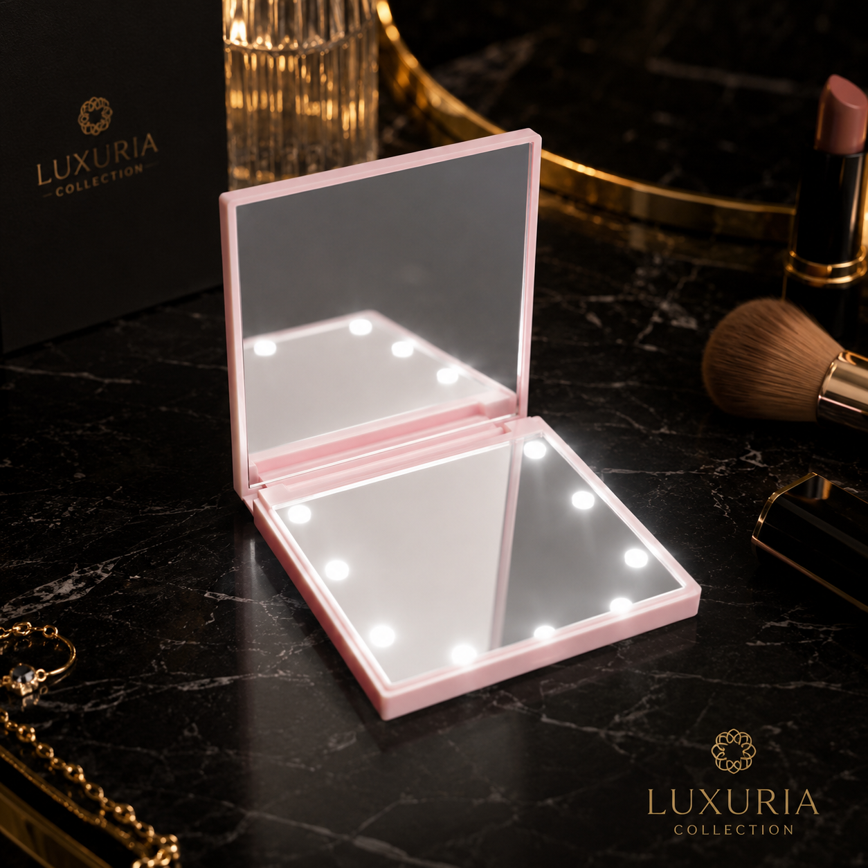Miroir de Poche LED Pliable — 6 Lumières, 2 Faces, Ultra-Compact 70x70mm, Noir, Rose & Blanc