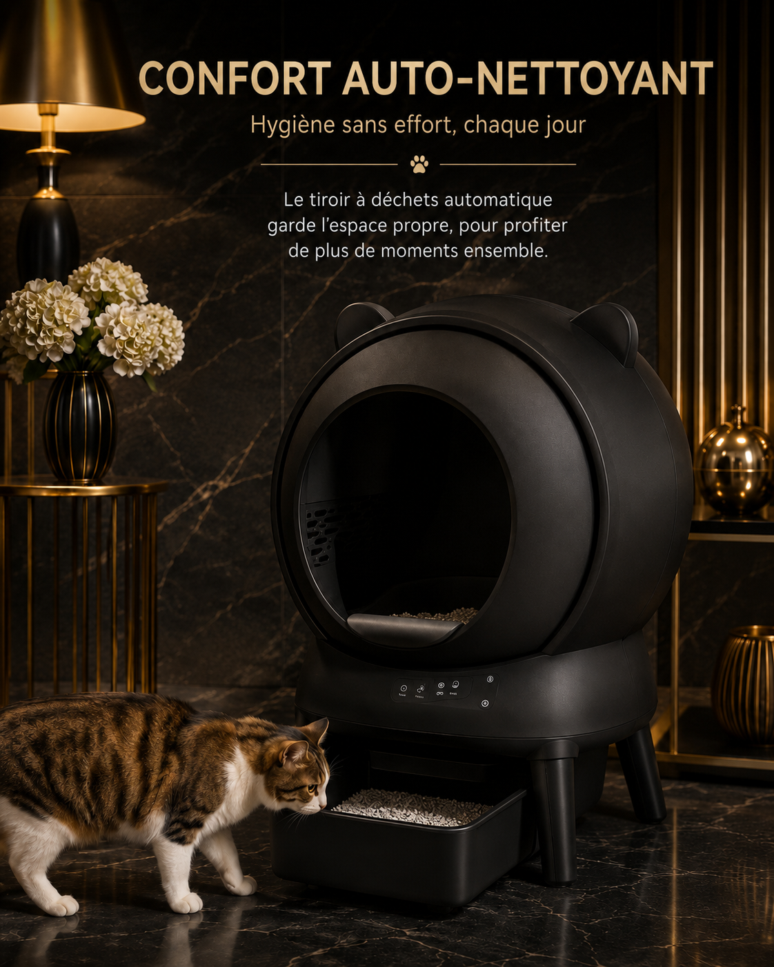 Self-cleaning cat litter box | leak-proof, pinch-resistant, triple odor control, secure, app-controlled, easy cleaning, large capacity up to 65L