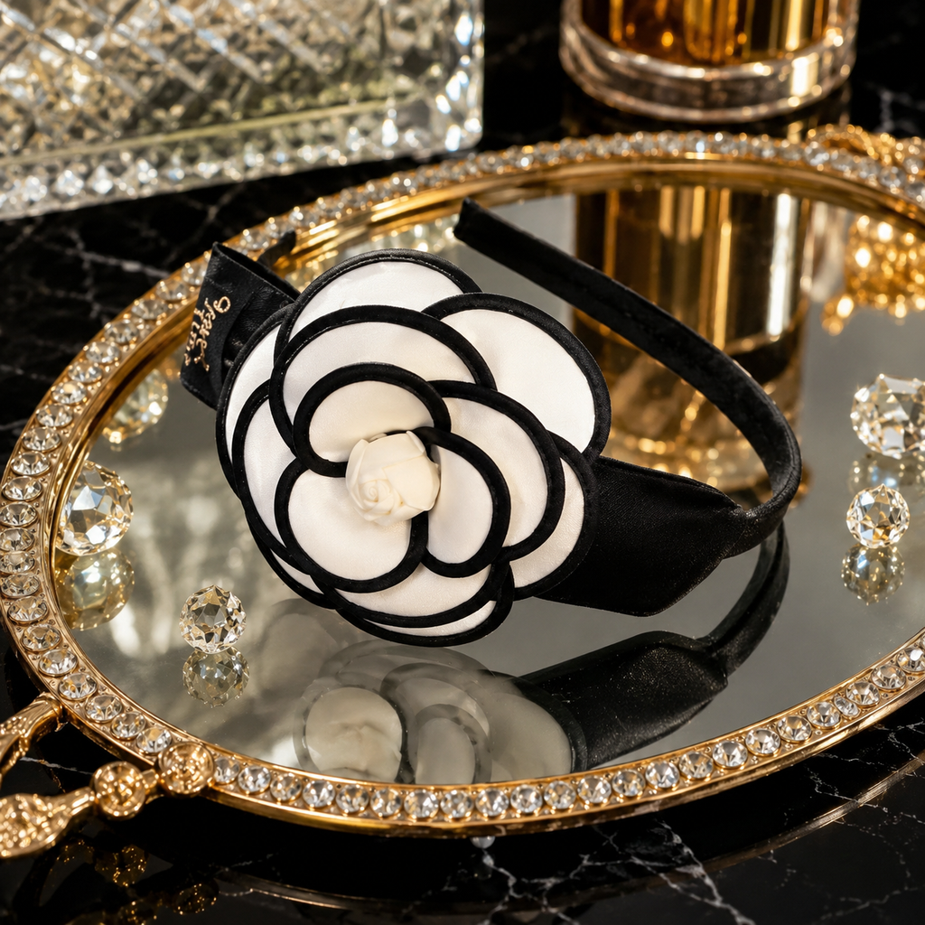 Serre-tête Fleur Camélia – Style Élégant | Noir & Blanc