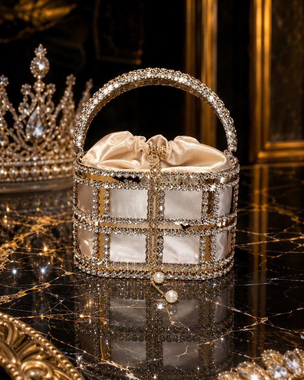 Sac Seau Métallique Ajouré Strass & Perles – Champagne, Rose & Noir