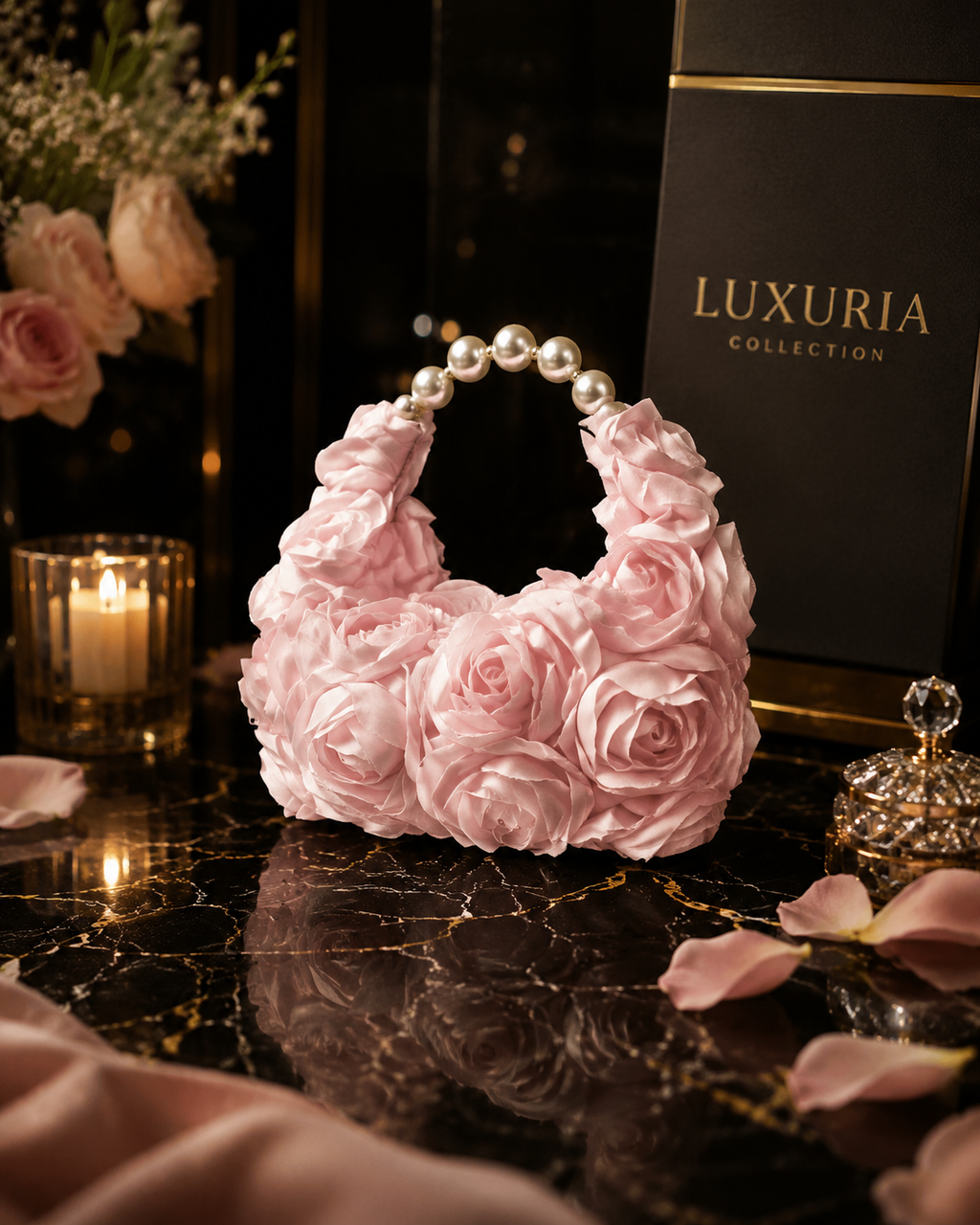 Sac Demi-Lune Floral & Perles – Rose, Champagne, Blanc & Beige