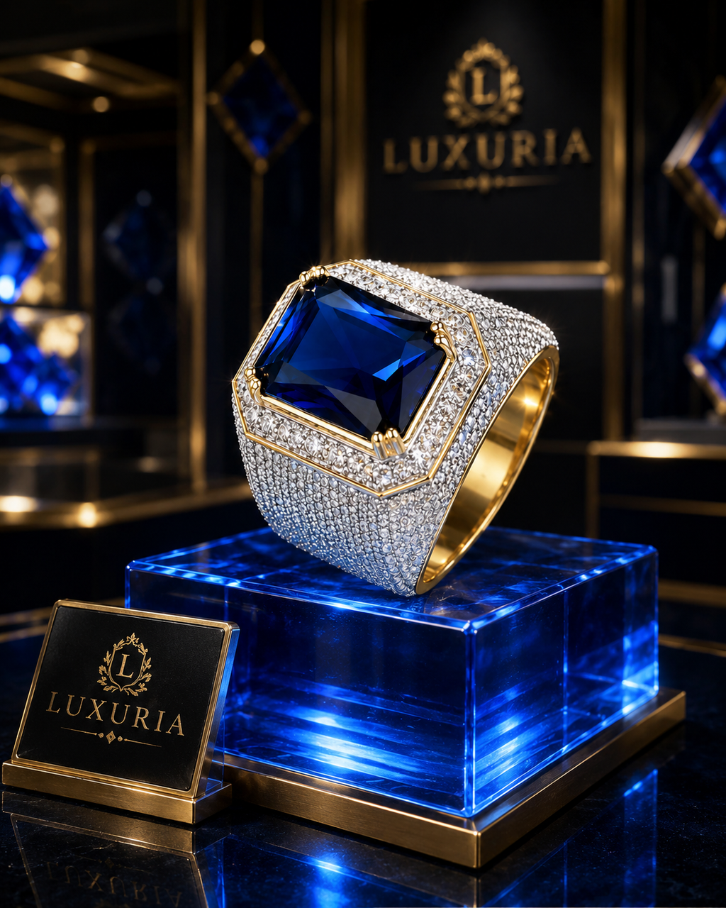 Bague Diamant Strass — Zircon Cubique Bleu , Serti Griffe Style Mariage Luxe