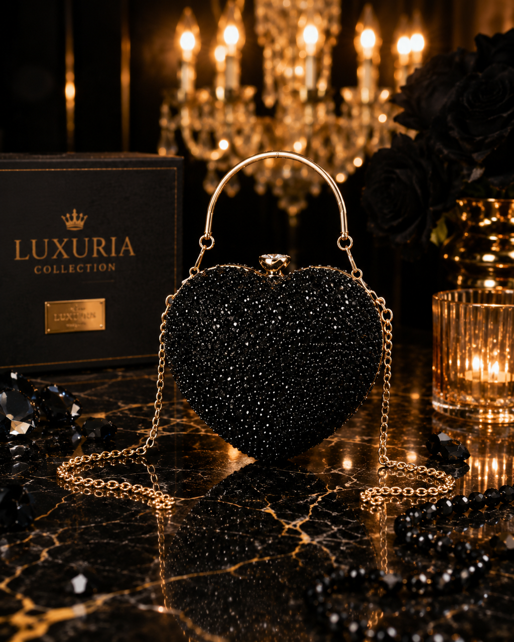 Mini Clutch Cœur Strass & Cristaux – Noir, Bleu, Rouge & Champagne