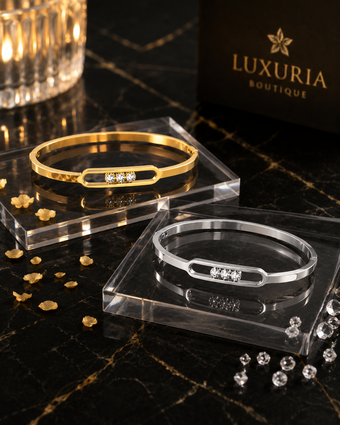 Jonc Trio Zircon — Bracelet Manchette Femme Acier Inoxydable, Or & Argent