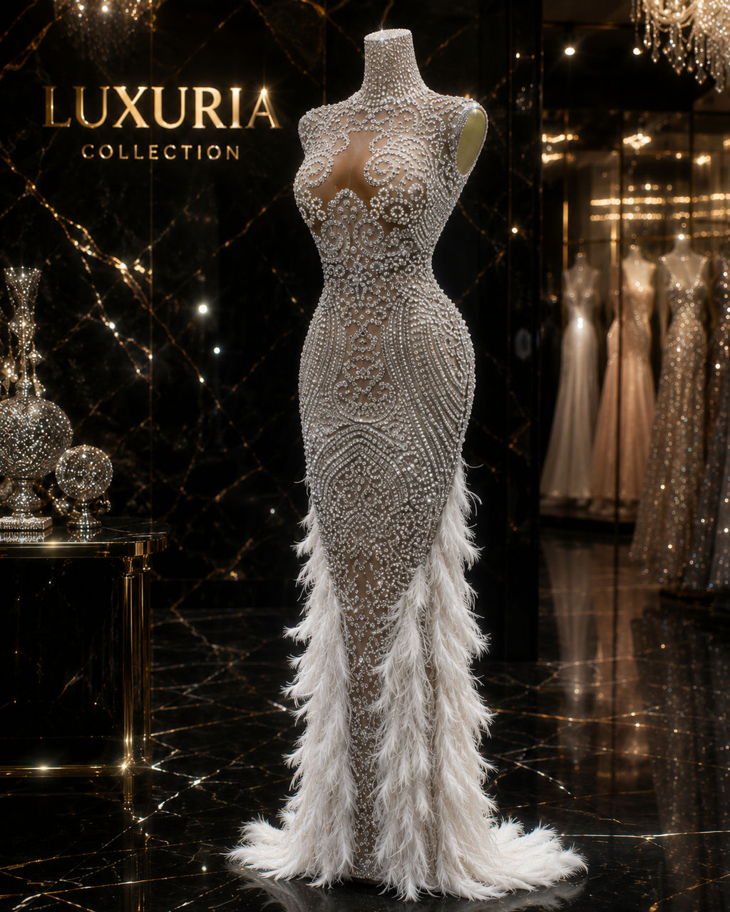 Robe Longue Strass & Plumes — Bodycon Luxe Soirée