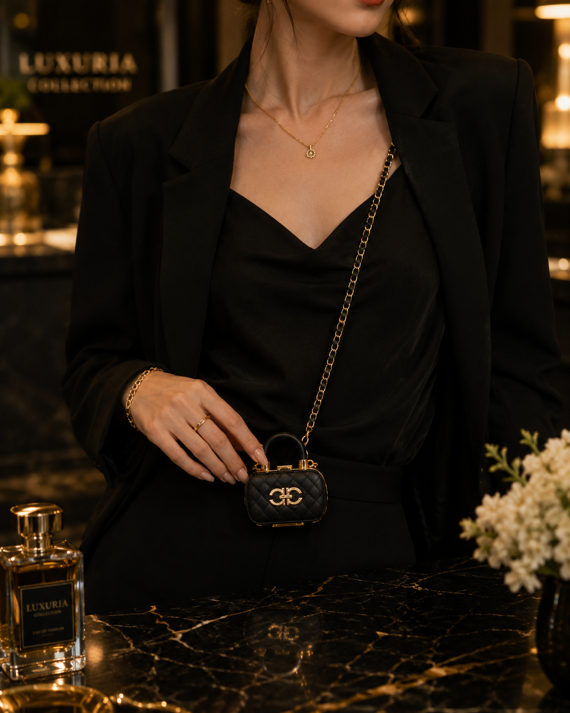 Mini Sac Enveloppe Chaîne Dorée – Noir