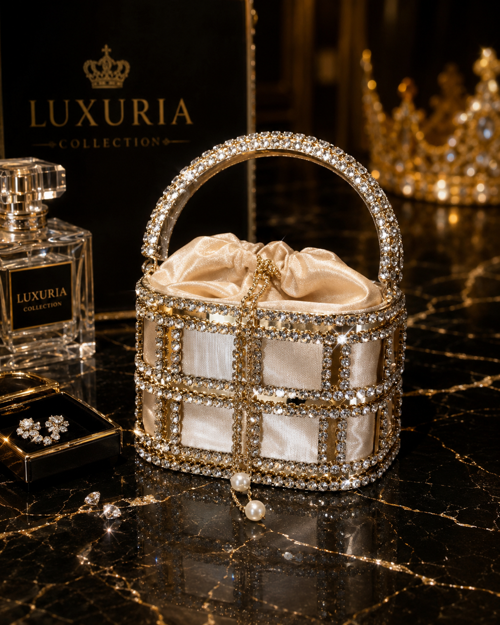 Sac Seau Métallique Ajouré Strass & Perles – Champagne, Rose & Noir