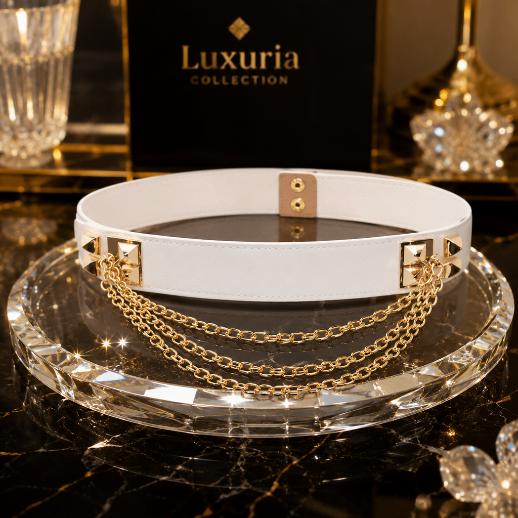 Ceinture Chaînes Dorées Multi-Rangs — Cuir PU Large, Style Punk Chic, Blanc & Noir, Réglable