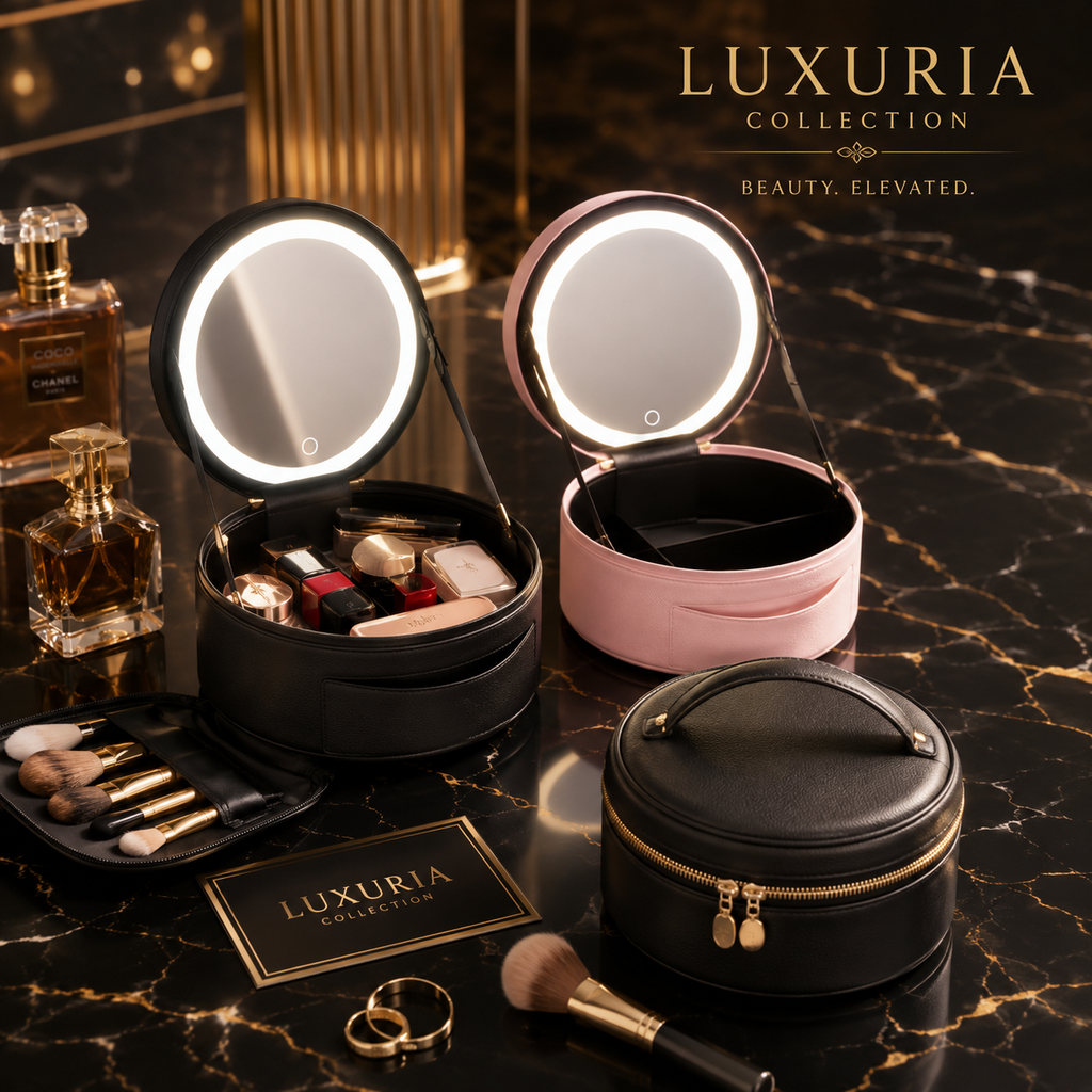 Trousse de Maquillage LED USB — Cuir PU, 3 Modes d'Éclairage, Pliable & Compacte, Rose & Noir