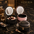 Trousse de Maquillage LED USB — Cuir PU, 3 Modes d'Éclairage, Pliable & Compacte, Rose & Noir