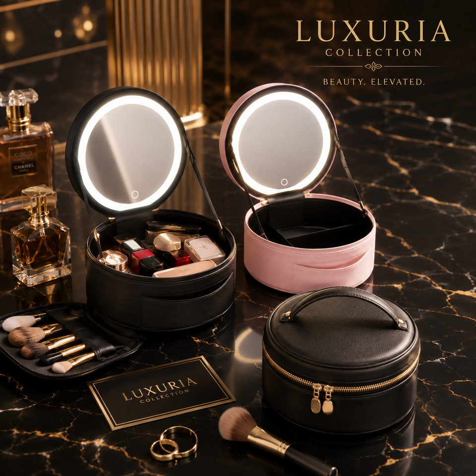 Trousse de Maquillage LED USB — Cuir PU, 3 Modes d'Éclairage, Pliable & Compacte, Rose & Noir