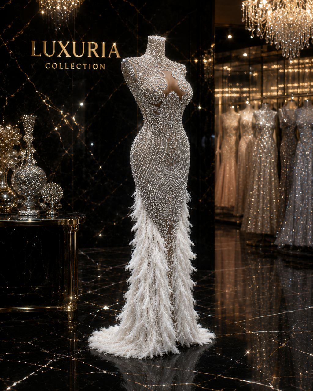 Robe Longue Strass & Plumes — Bodycon Luxe Soirée