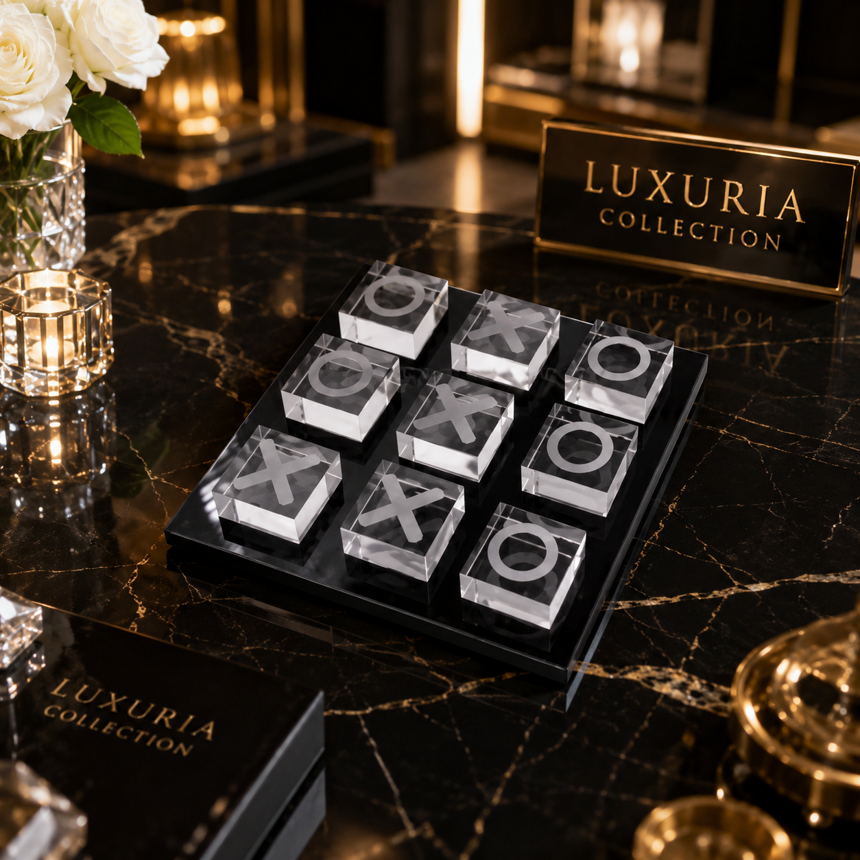 Échiquier XO en Cristal Noir & Blanc — Objet d’Art Décoratif