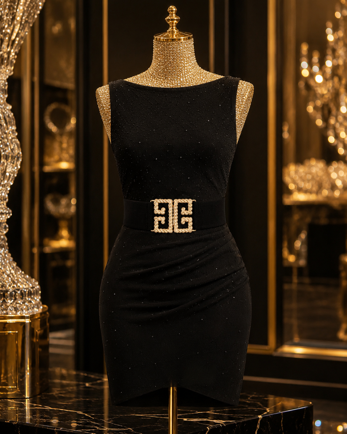 Ceinture Élastique Noire Boucle Dorée Géométrique — Taille 65cm, Style Mode Femme