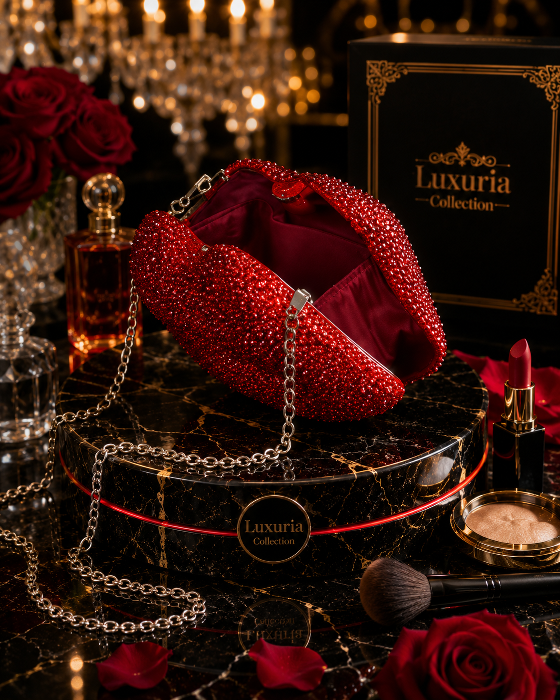 Sac Minaudière Lèvres Strass – Rouge Glamour