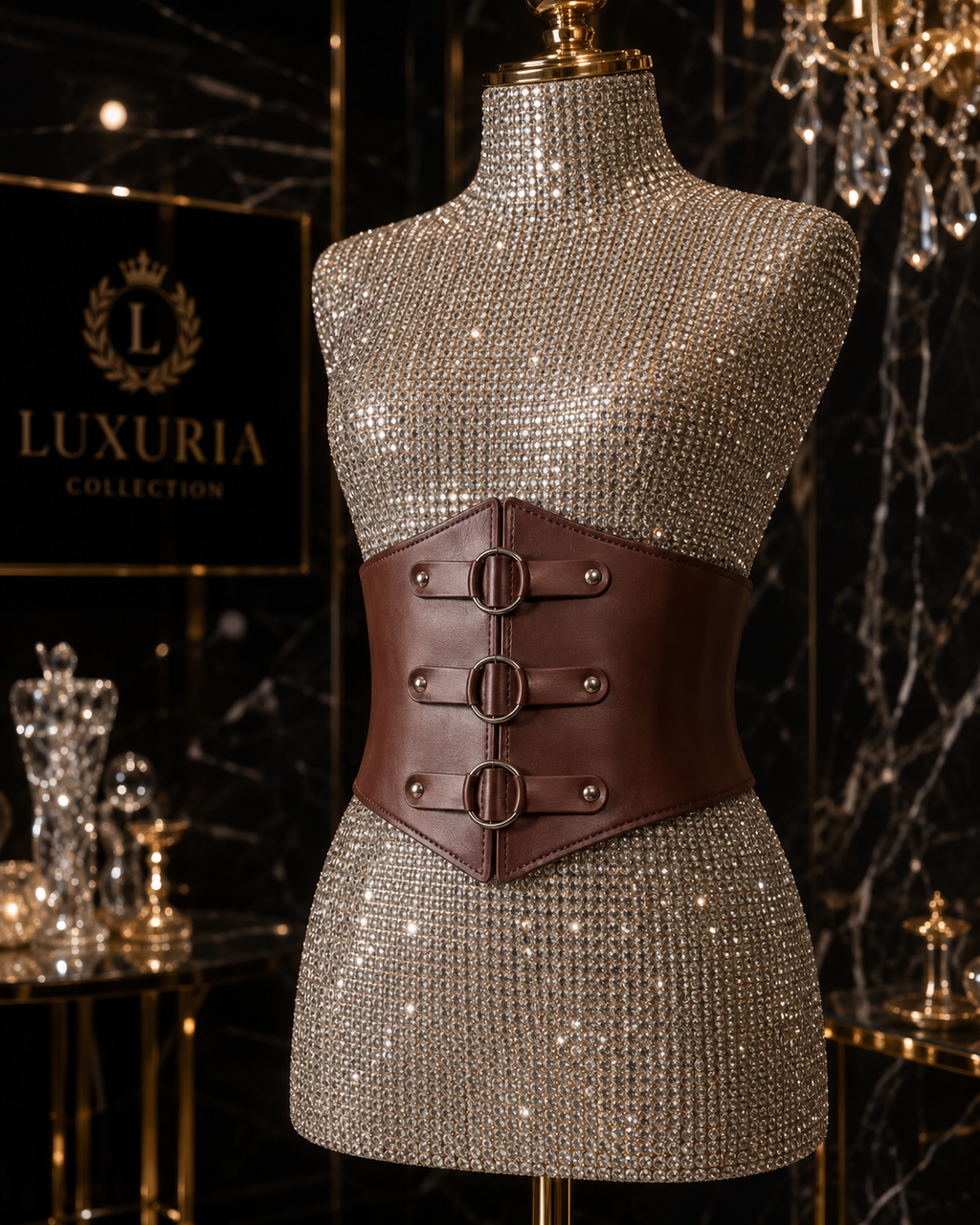 Ceinture Corset Gothique Triple Boucle — Rivets Punk, Cuir PU, Noir & Marron, 83cm