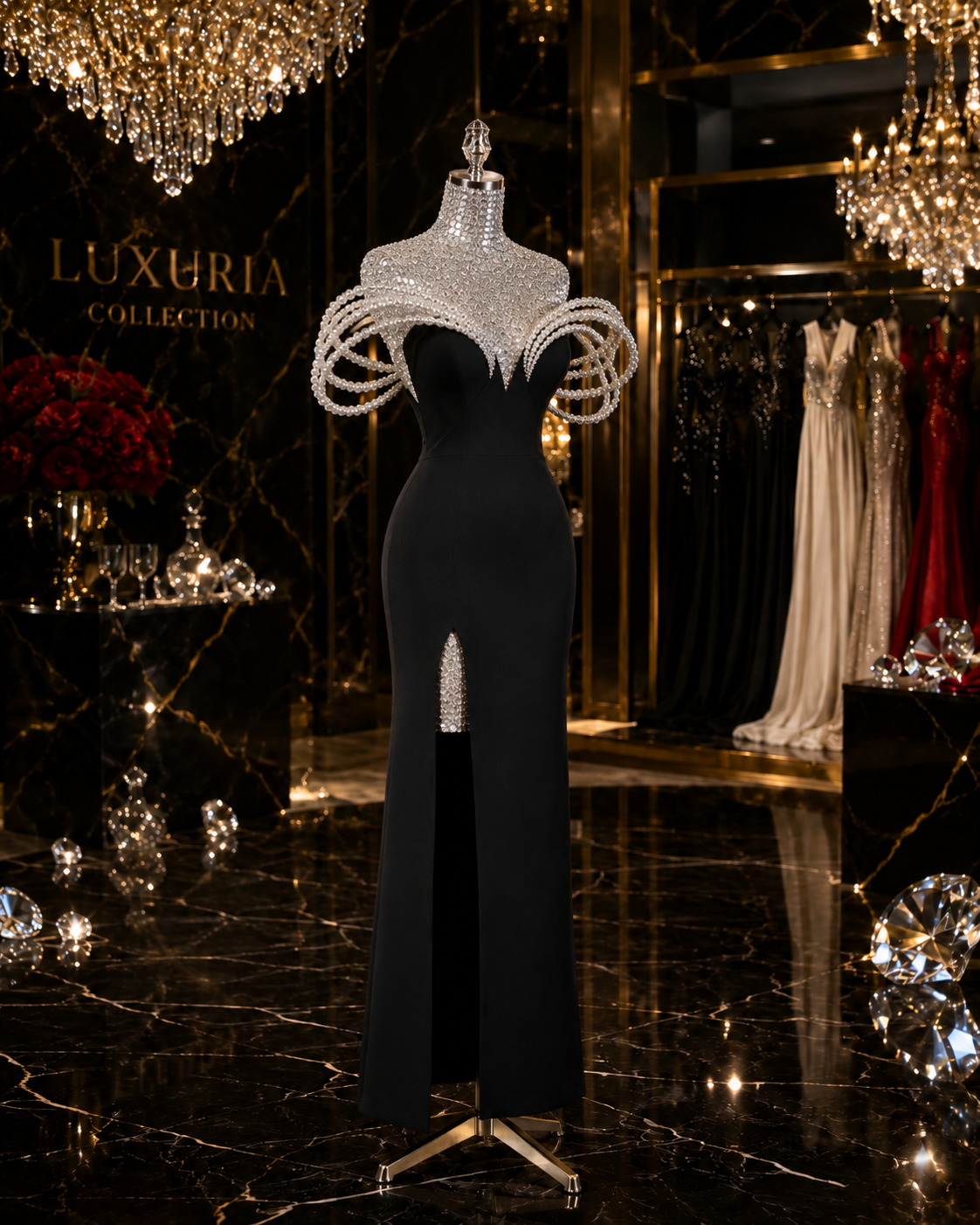 Robe Longue Noire Bandage & Perles — Col V, Style Maxi Soirée