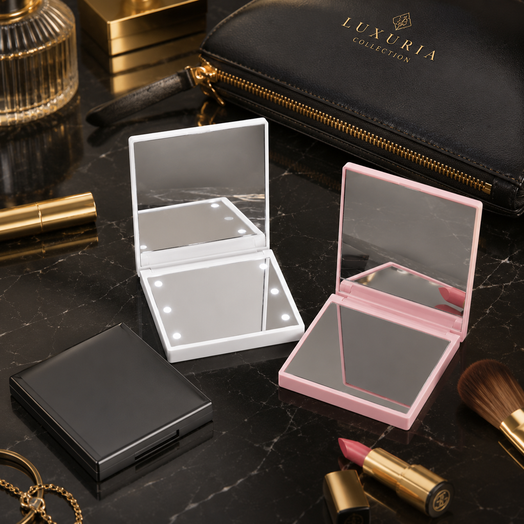 Miroir de Poche LED Pliable — 6 Lumières, 2 Faces, Ultra-Compact 70x70mm, Noir, Rose & Blanc