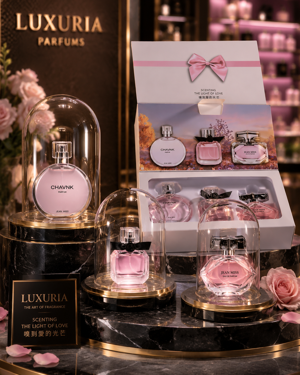 Coffret 3 parfums Luxuria ouvert, presentation cadeau des trois flacons