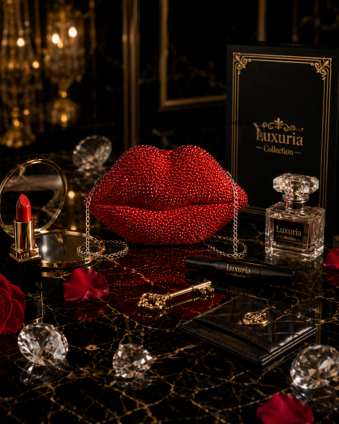 Sac Minaudière Lèvres Strass – Rouge Glamour