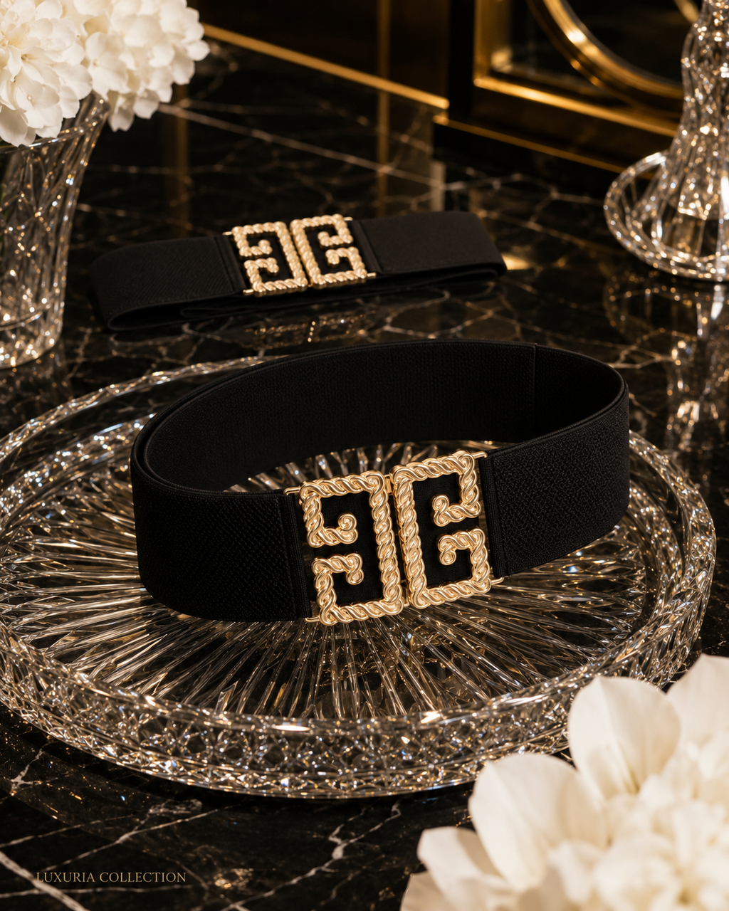 Ceinture Élastique Noire Boucle Dorée Géométrique — Taille 65cm, Style Mode Femme