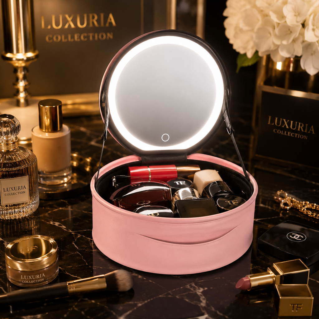 Trousse de Maquillage LED USB — Cuir PU, 3 Modes d'Éclairage, Pliable & Compacte, Rose & Noir