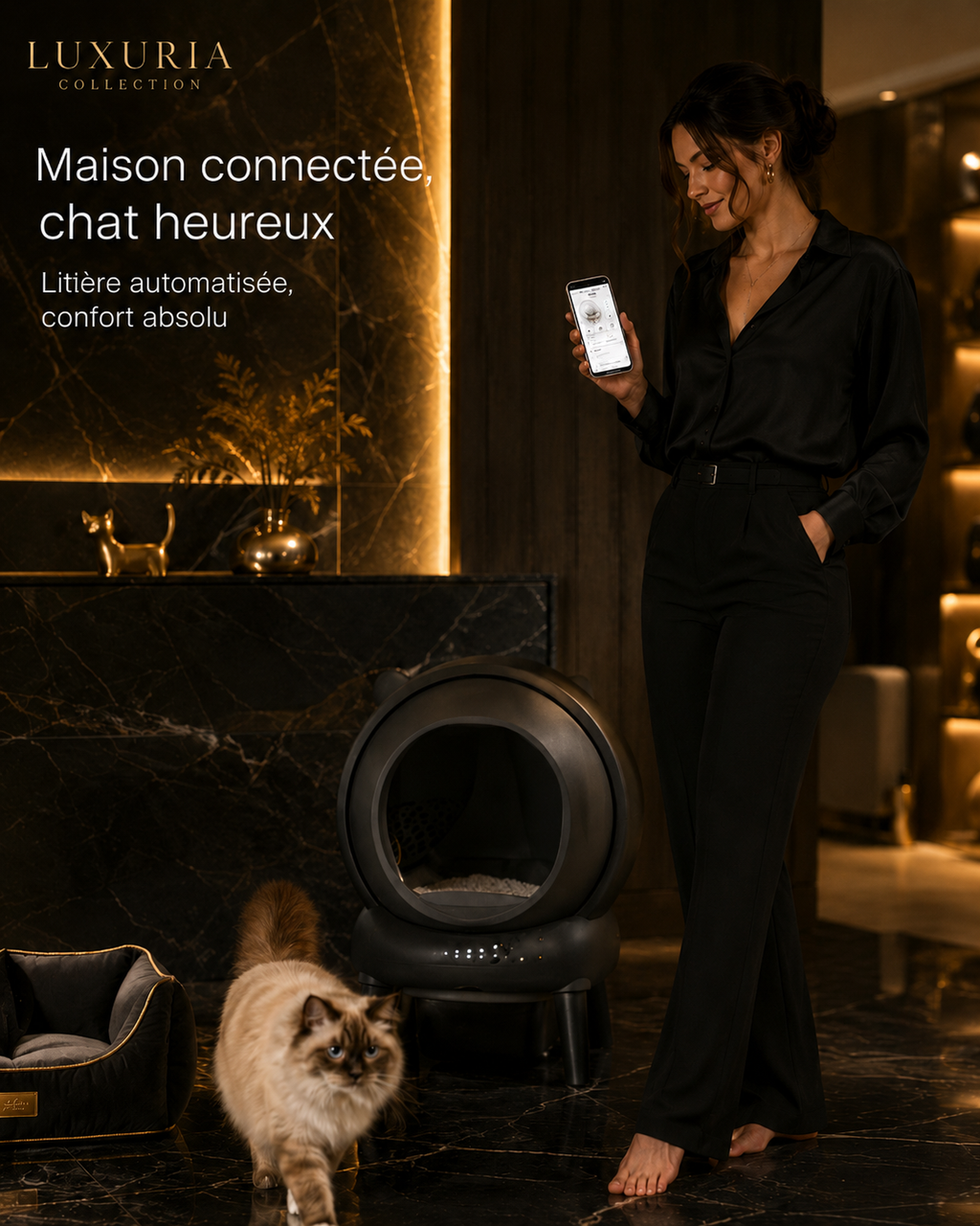 Self-cleaning cat litter box | leak-proof, pinch-resistant, triple odor control, secure, app-controlled, easy cleaning, large capacity up to 65L