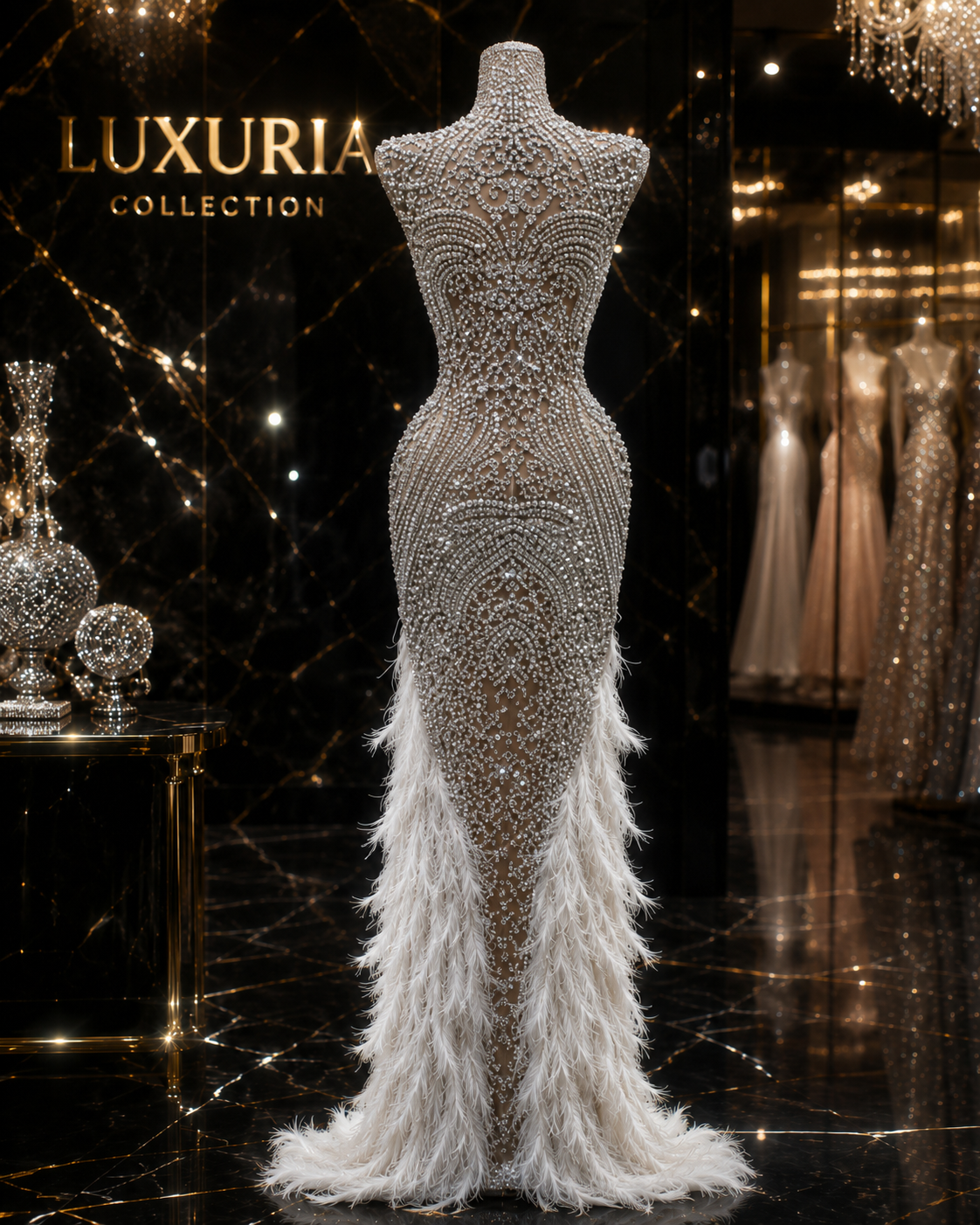 Robe Longue Strass & Plumes — Bodycon Luxe Soirée