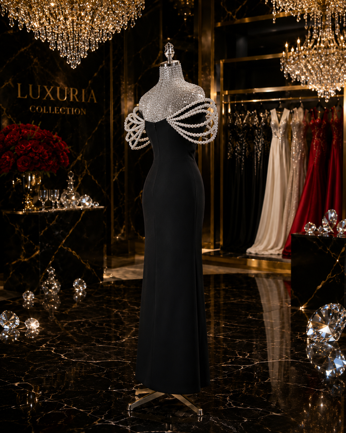 Robe Longue Noire Bandage & Perles — Col V, Style Maxi Soirée