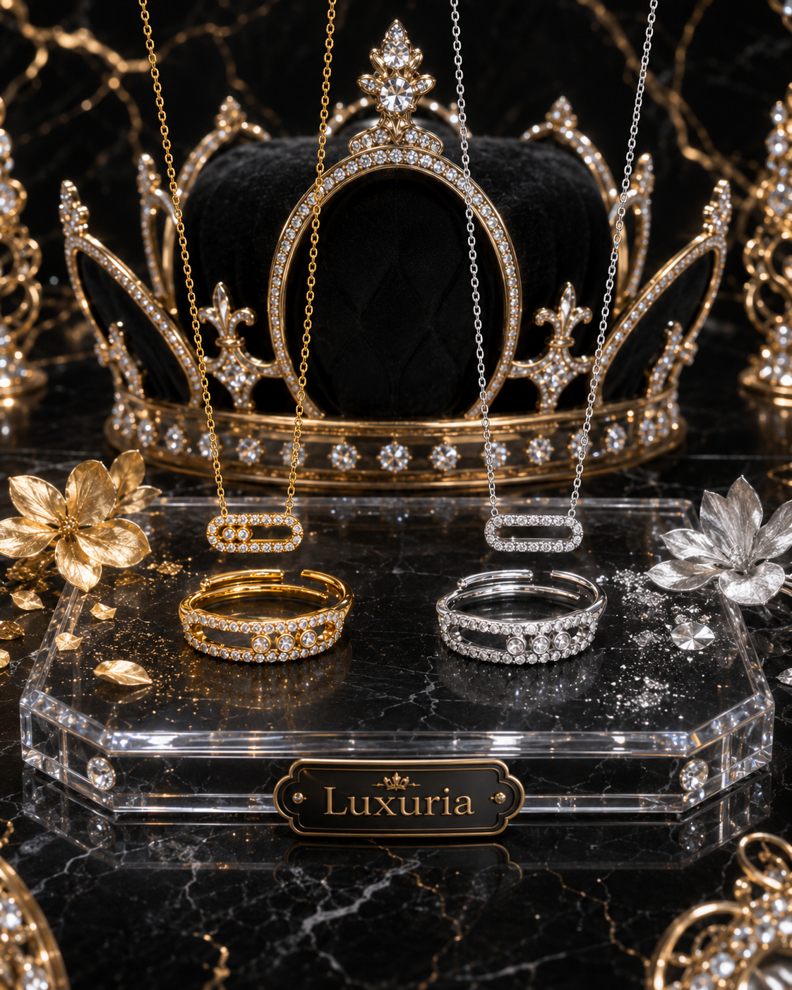 Parure Collier & Bague Zirconia — Acier Inoxydable Plaqué Or 18K, Éclat Luxe