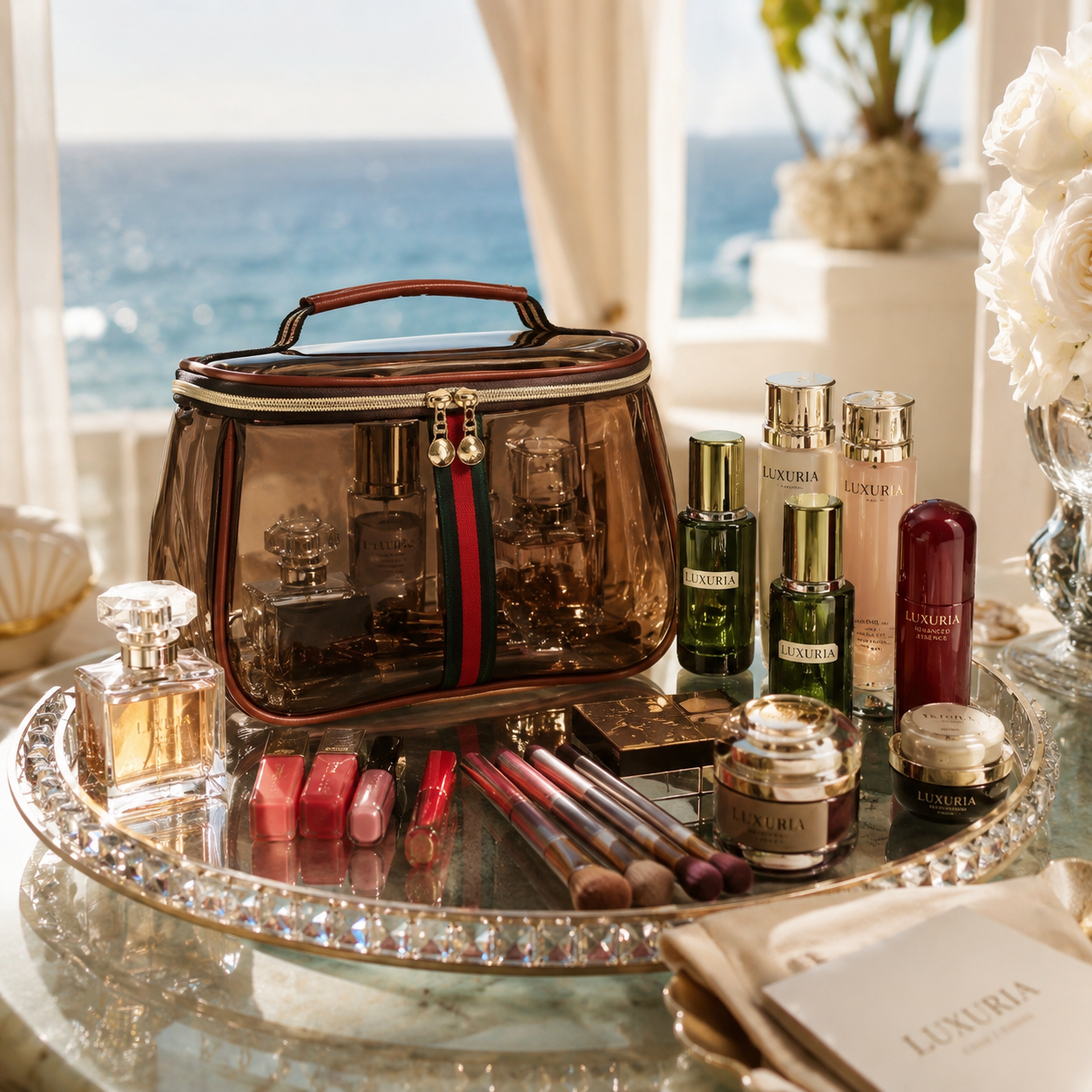 Trousse de Maquillage Transparente Luxe — Grande Capacité, Imperméable & Lavable, Style Premium