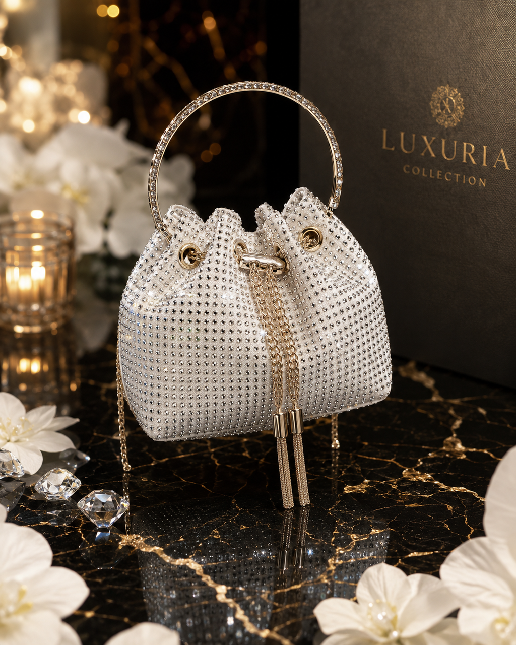 Sac Seau Paillettes & Cristaux – Jaune, Noir & Blanc