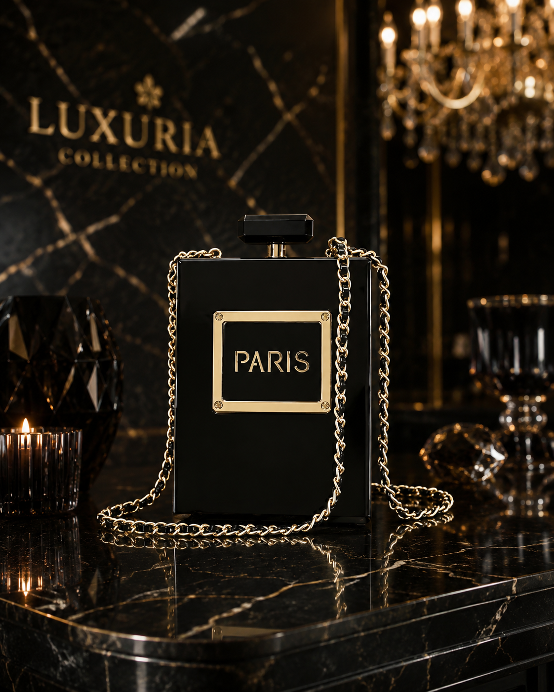 Sac Clutch Acylique & Chaîne Dorée – Noir & Transparent