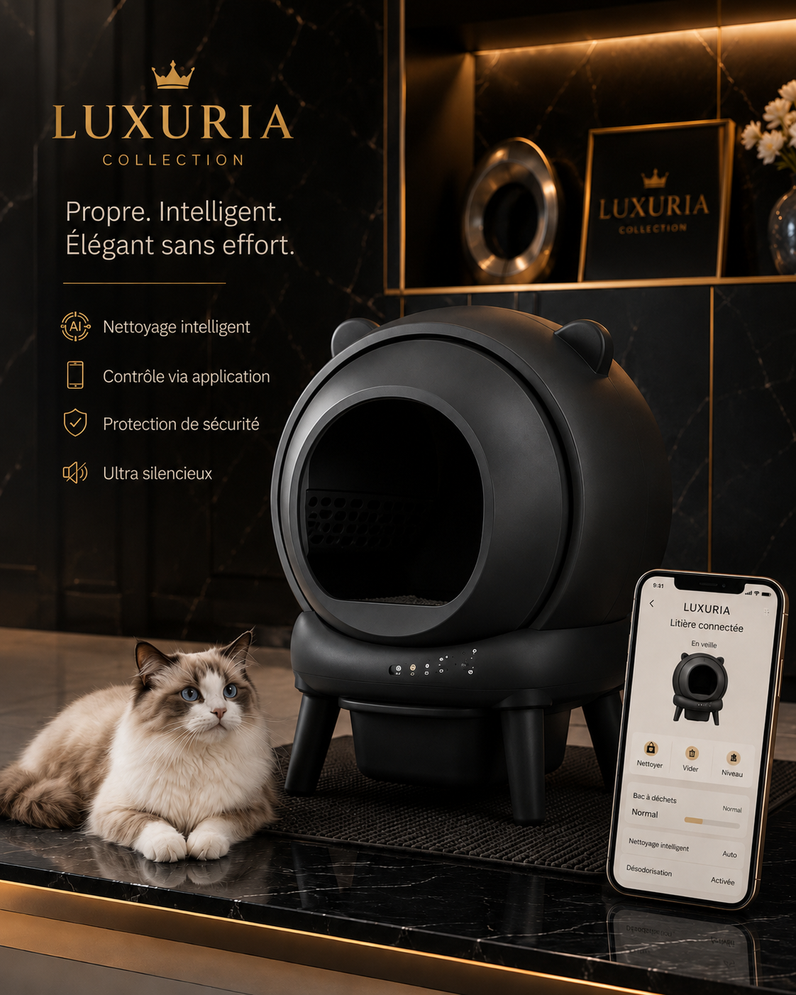 Self-cleaning cat litter box | leak-proof, pinch-resistant, triple odor control, secure, app-controlled, easy cleaning, large capacity up to 65L
